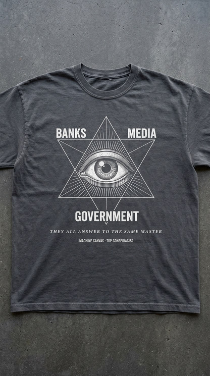 Conspiracy Eye Graphic T-Shirt — 'Banks Media Government' Vintage Occult Tee | Originals